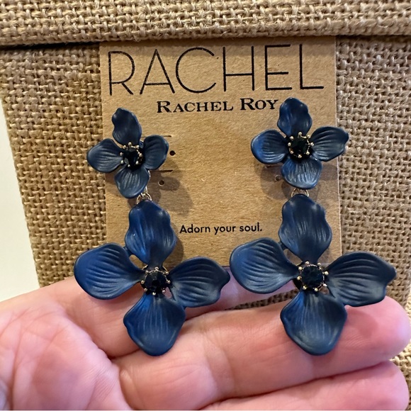 NWT RACHEL Rachel Roy Earrings Navy Blue Double Flower w/ center crystal - Picture 7 of 9
